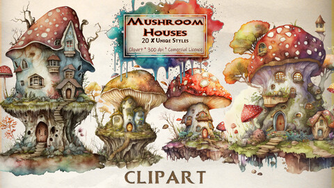 Fantasy Mushroom Houses clipart bundle WaterColour ClipArt commercial use PNG Format Instant Download Magical Mushroom Secret Door