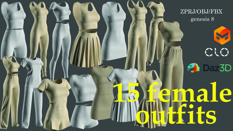 15 basic realistic female outfits/sportswear s(marvelous designer_clo3d_daz3d/obj/fbx)