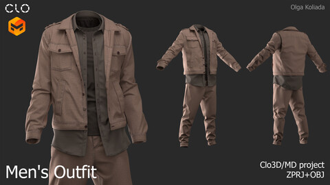 Men's outfit (jacket, pants, shirt, t-shirt). Marvelous Designer/Clo3d project+OBJ