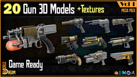 20 Gun 3D Models with Textures | Game Ready | Vol 1