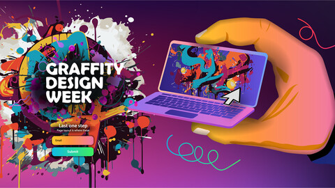 Banner for registration on a graffiti-style website hand holding a small laptop