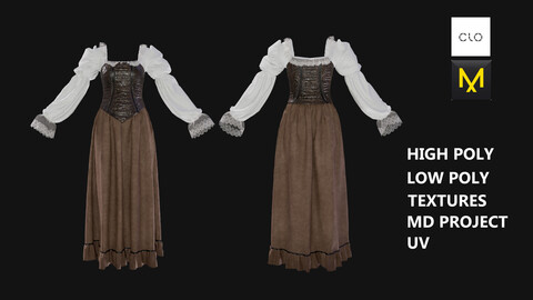 Antic Dress for Game (H-Poly L-Poly) OBJ+UV+RETOP+TEXTURES