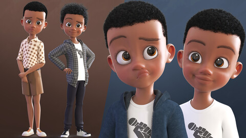 Cartoon Afro Boy 2 - Toon Rigged Child Character