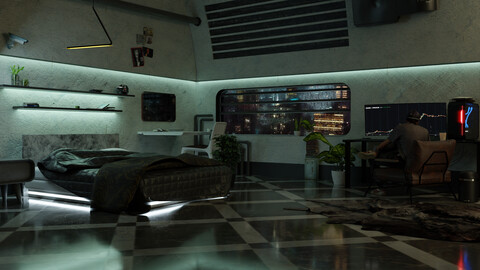 Cyberpunk Apartment Scene 3D Blender File (Textured) + (FBX File)