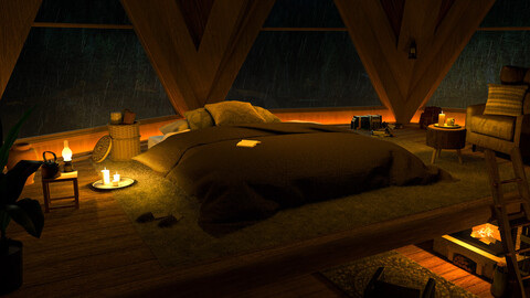 Cozy cabin room interior at night with candles and fireplace