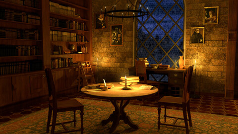 Cozy medieval style library at night in candle lights. Seamless loop