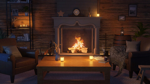 Cozy and warm living room with a fireplace. Relaxing ambience.