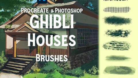 40 Ghibli House brush set Photoshop, Clip studio paint abr. landscape/ painting/ design/ Illustration