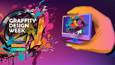 Horizontal web banner of graffiti design Week with an office computer in hand