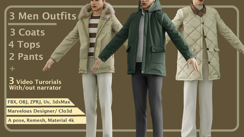 3 Outfits with Long Jackets with Marvelous/ Clo3d + 3 Video tutorials