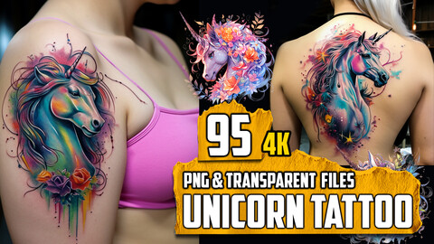95 Unicorn Tattoo (PNG & TRANSPARENT Files)-4K - High Quality