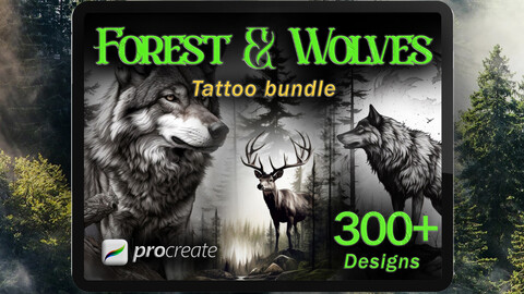 Forest & Wolves tattoo flash bundle | Procreate tattoo | Procreate stamps | Tattoo flash | Tattoo stencil | Tattoo design