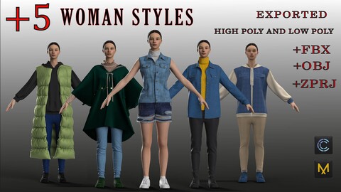 +5 Woman styles (jacket , pants ) +ZPRJ. OBJ.FBX ( HIGH POLY AND LOW POLY )