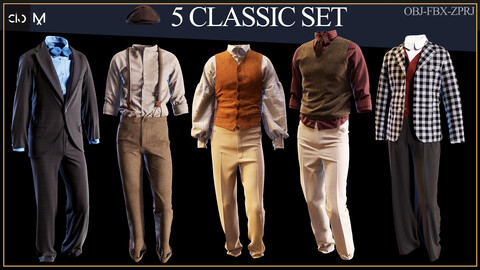 5 Classic Outfits Set For Men ( Marvelous / Clo3d project ) + FBX + OBJ (vol.02)