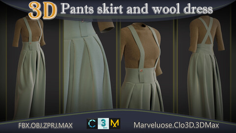 3D pants skirt and wool dress+Marvelous designer/clo3D/3DMax+ZPRJ/FBX/OBJ/MAX+Texture+A pose+Quad+CM