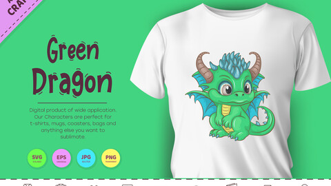 Cartoon green dragon. Fantasy clipart.