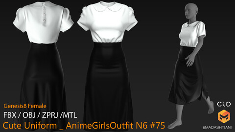 Cute Uniform _ AnimeGirlsOutfit N6 #75 _ MarvelousDesigner/CLO Project Files+fbx+obj+mtl _ Genesis8Female