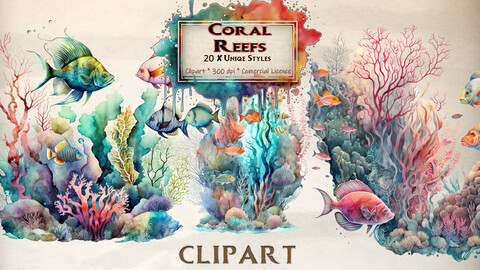 Coral clipart watercolor ocean reef summer sea life clipart bundle beach under the sea tropical fish red water nature coral