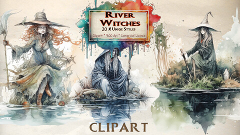 River Witch Clipart Watercolor Clipart Bundle Vintage Wicca Fantasy Water Stream Green moon magic sea witches Dark PNG