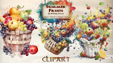 Fruit Clipart Watercolor Fruits Clipart Bundle Pineapple Watermelon Avocado Grape Basket Illustration PNG Action Clipart for Summer