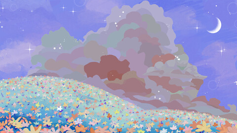 Japanese Scenery Hand painted Illustration Kit: Hokkaido flower field #2