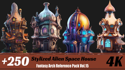 +250 Stylized Alien Space House | 4K | Fantasy Arch Reference Pack Vol.15