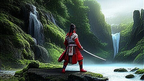 japanese samurai by a water fall