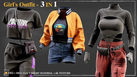 3 Girl's Outfit /Marvelous Designer / 4k Textures/Smart material