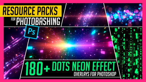 PHOTOBASH 180+ Dots Neon Overlay Effects Resource Pack Photos for Photobashing in Photoshop