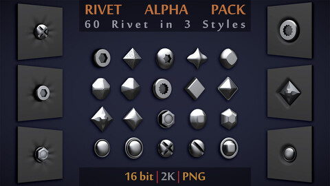 Rivet and Screw Alpha Pack | PNG | 16bit | 60 Alpha in 3 Styles