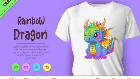 Rainbow cartoon dragon. Fantasy clipart.