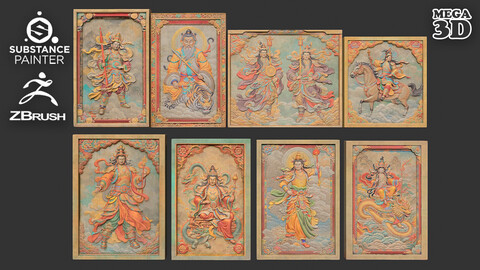 Chinese Temple Walls - Mural Bas relief Colored - 230912