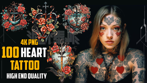 100 Heart Tattoo (PNG & TRANSPARENT Files)-4K - High Quality