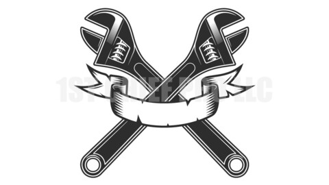 Wrench tools with ribbon vector icon. Construction spanner logo design element. Plumbing Key tool.