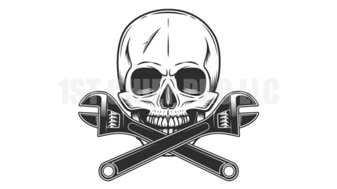 Skull with crossed wrench tools in monochrome illustration style vector icon. Construction spanner plumbing key tool.