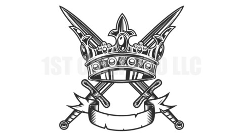 Crown king and crossed sharp sword concept with ribbon in vintage style vector illustration. Vintage crowning, elegant queen or king crowns. Royal imperial monarch coronation symbols.