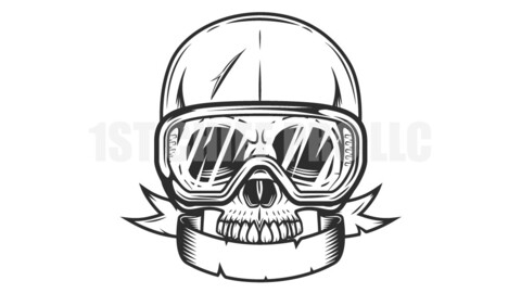 Builder construction skull without jaw and safety glasses with ribbon vintage monochrome style illustration