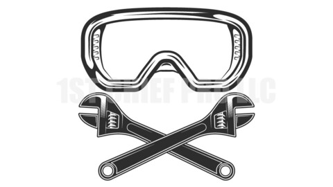 Crossed plumbing wrench with new construction builder safety glasses vintage concept vector illustration