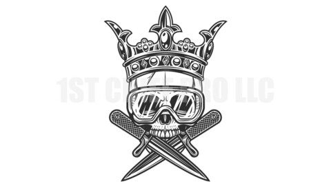 Gangster king skull in crown with crossed knife and new construction builder safety glasses vector illustration. Skeleton of a bandit prince with crossed dagger.