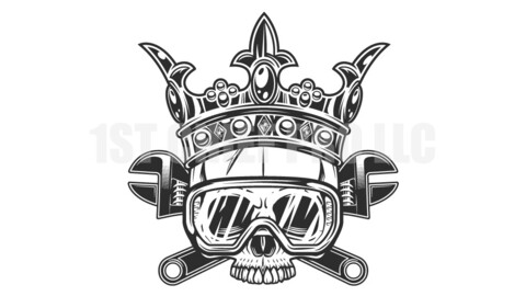 Skull without jaw in crown king and safety glasses with construction spanner plumbing wrench key tools  in monochrome style vector illustration