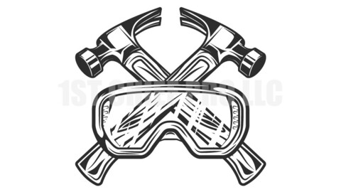 Crossed builder hammers from new construction and remodeling house business with safety glasses in monochrome vintage style vector illustration