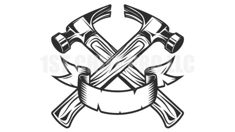 Builder crossed hammers from new construction and remodeling house business with ribbon in monochrome vintage style vector illustration