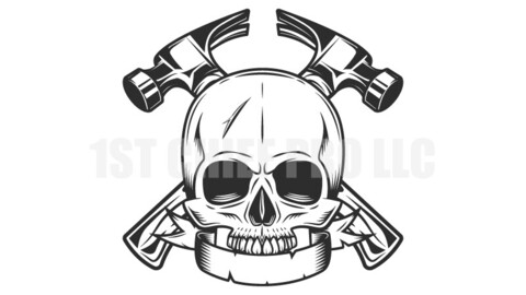 Crossed hammers from new construction and remodeling house business with skull and ribbon in monochrome vintage style illustration