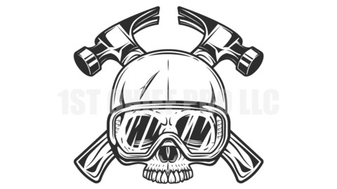 Business builder crossed hammers from new construction and remodeling house with half skull with safety glasses in monochrome vintage style illustration