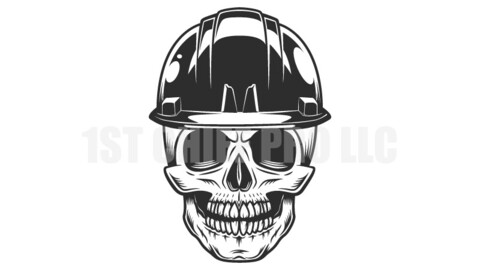 Builder skull in hard hat from business new construction and remodeling house in vintage monochrome style vector illustration