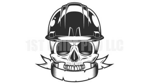 Builder half skull in hard hat with ribbon from business new construction and remodeling house with in vintage monochrome style vector illustration