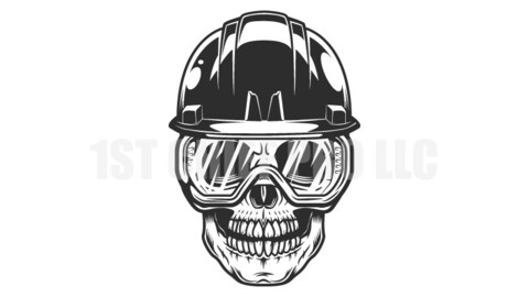 New construction builder skull in hard hat and safety glasses from business remodeling house vintage style vector illustration