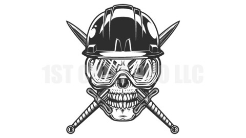 New construction and remodeling business house builder skull in hard hat with sword and safety glasses from vintage style vector illustration