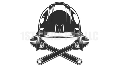 Crossed wrench and business builder hard hat from new construction and remodeling house in vintage monochrome style vector illustration