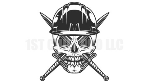 House builder skull with sword and hard hat from new construction and remodeling business vintage style vector illustration